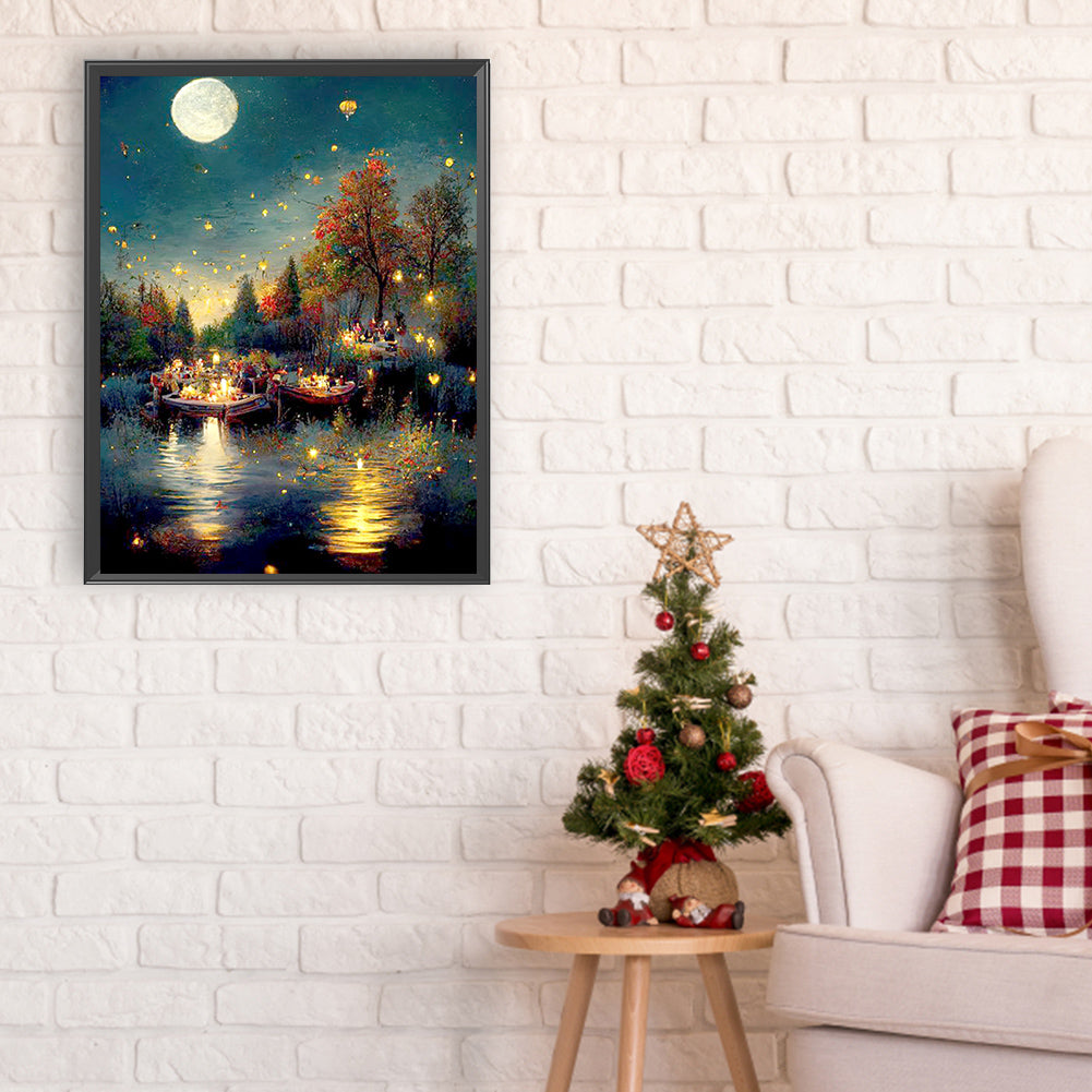 Quiet Lakeside At Night - Full Round Drill Diamond Painting 30*40CM