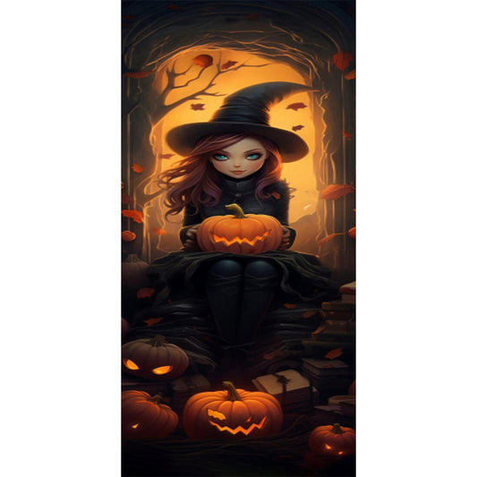Halloween Little Witch Holding Pumpkin - Full Round Drill Diamond Painting 30*70CM