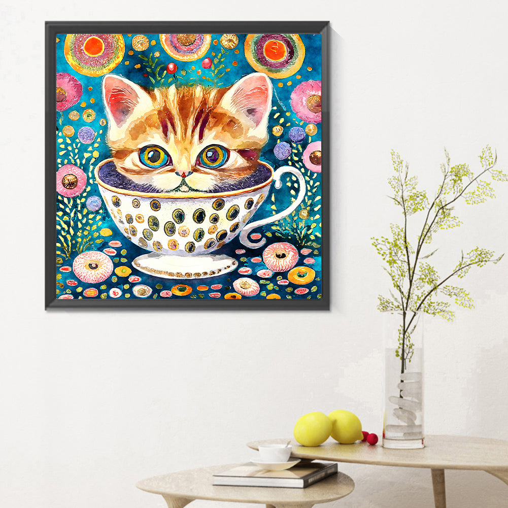 Cat In Teacup - Full Round Drill Diamond Painting 30*30CM