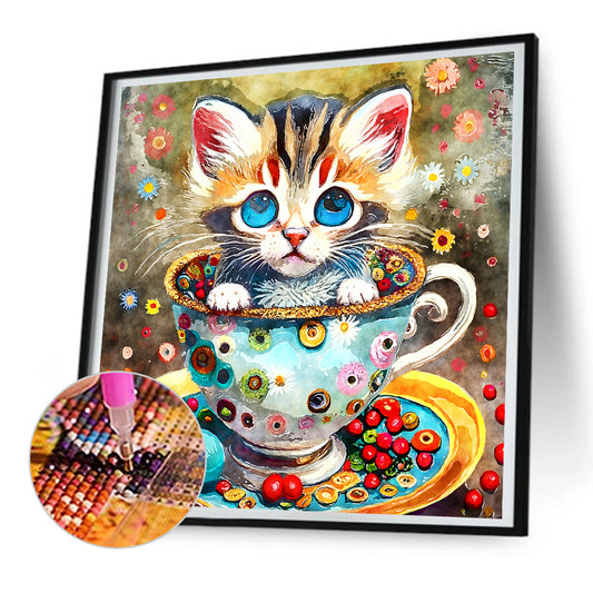 Cat In Teacup - Full Round Drill Diamond Painting 30*30CM