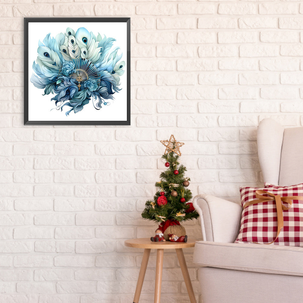Blue Peacock Fan - Full Round Drill Diamond Painting 30*30CM