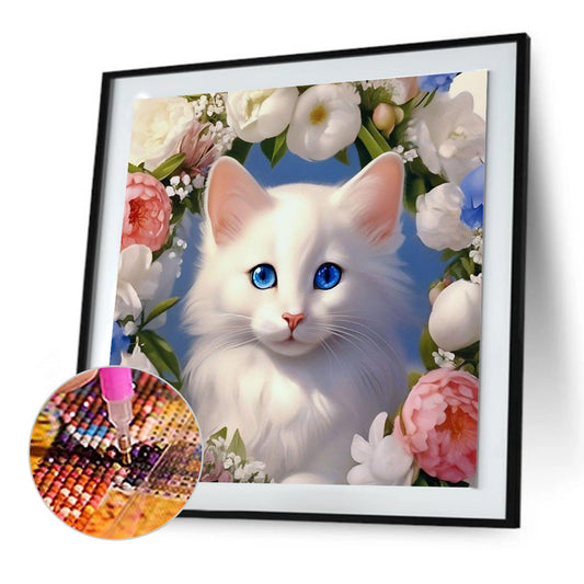White Cat And Flowers - Full Round Drill Diamond Painting 30*30CM