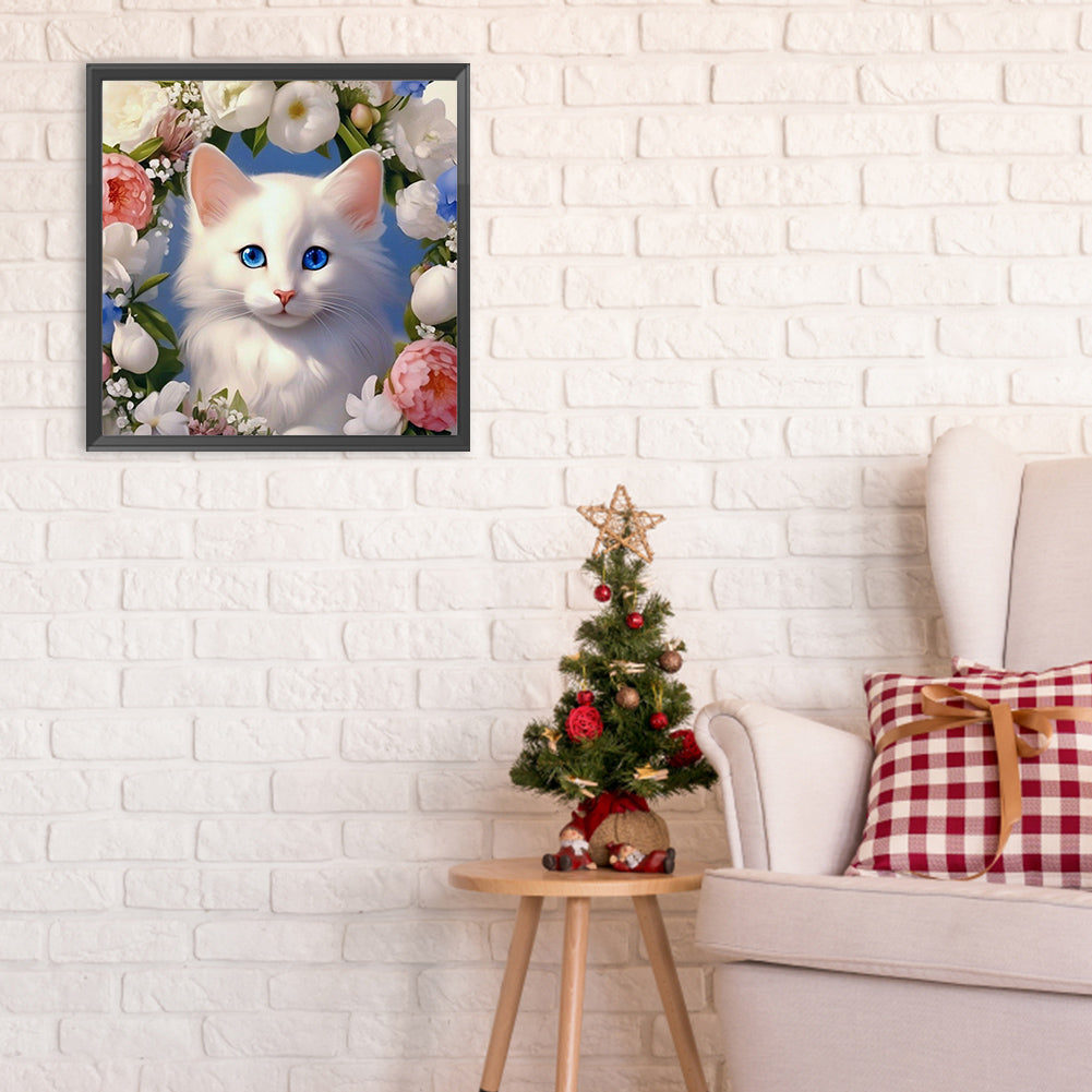 White Cat And Flowers - Full Round Drill Diamond Painting 30*30CM