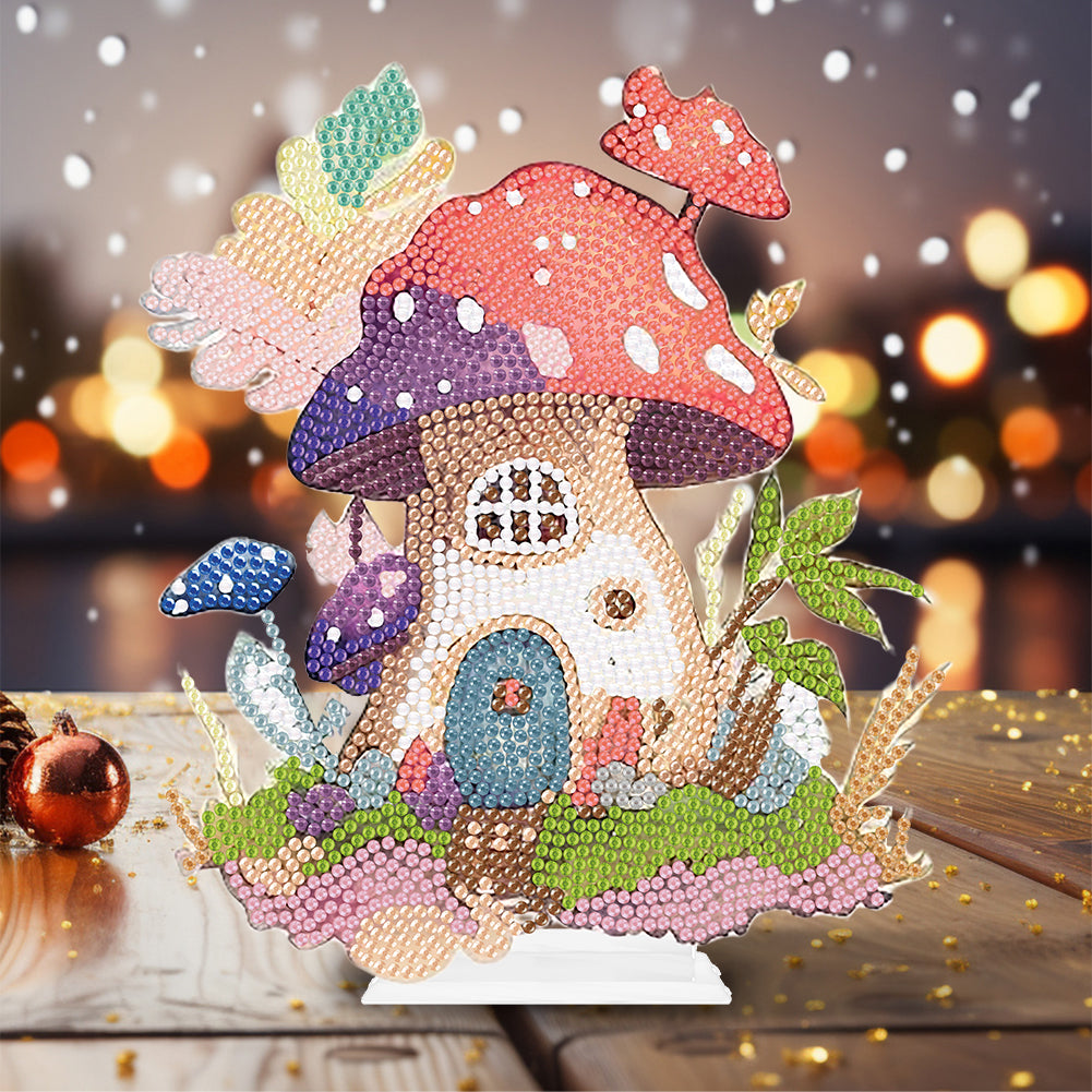 Round Crystal Painting Desktop Diamond Painting Table Decor (Mushroom House #1)