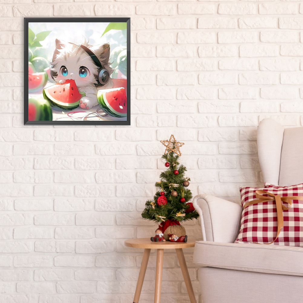 Cat Eating Watermelon - Full Round Drill Diamond Painting 30*30CM