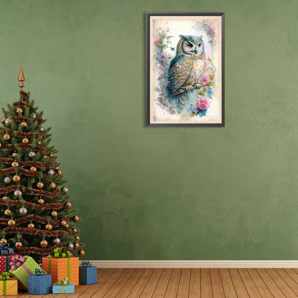 Owl On Wreath - Full Round Drill Diamond Painting 40*60CM