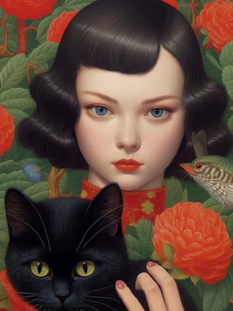 Black Cat Girl - Full Round Drill Diamond Painting 30*40CM