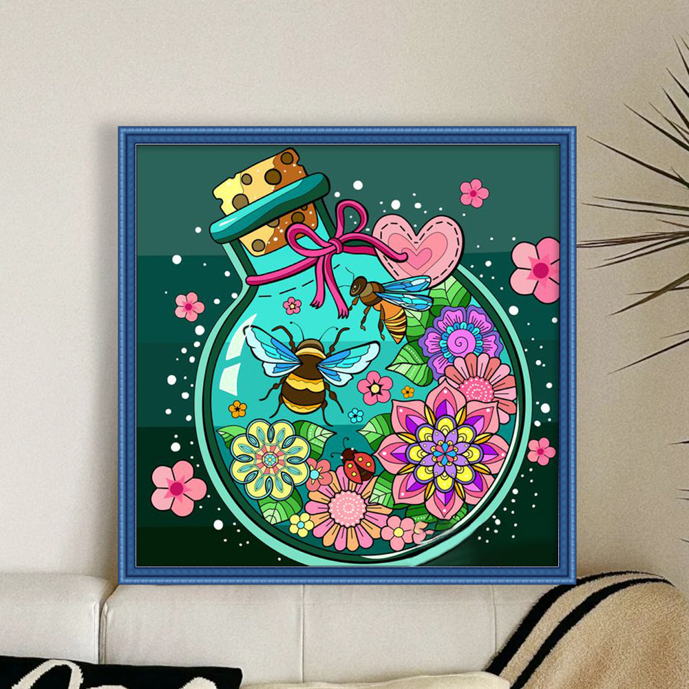 Flowers And Bees In Glass Vase - 11CT Stamped Cross Stitch 50*50CM