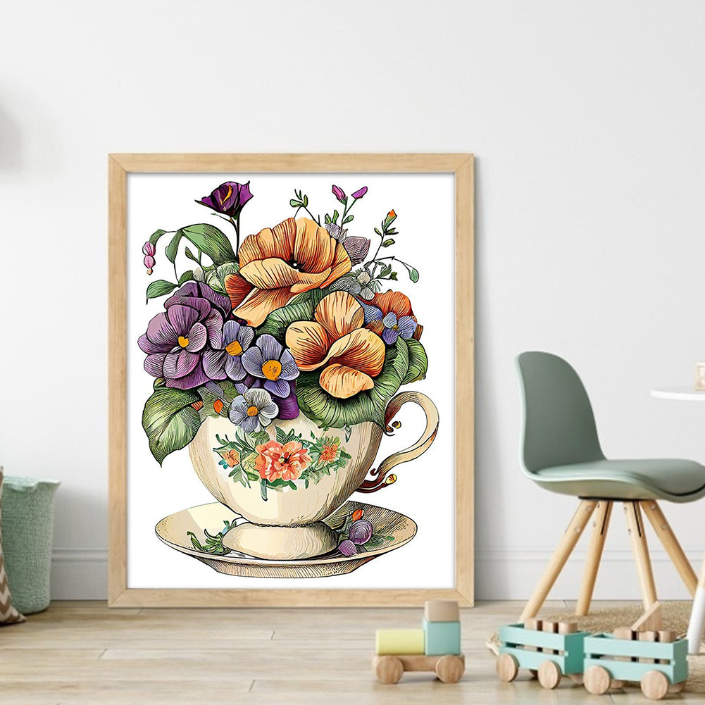 Flowers In Tea Cup - 18CT Stamped Cross Stitch 20*25CM