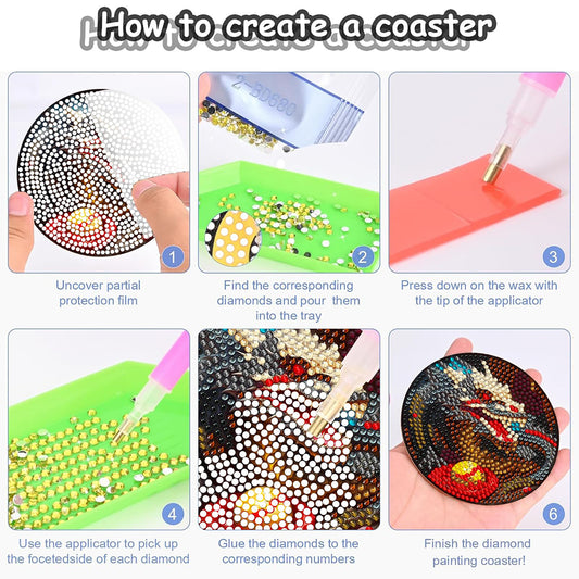 8PCS Wooden Diamond Painting Coasters Kits for Adults Kids Beginner (Dragon)