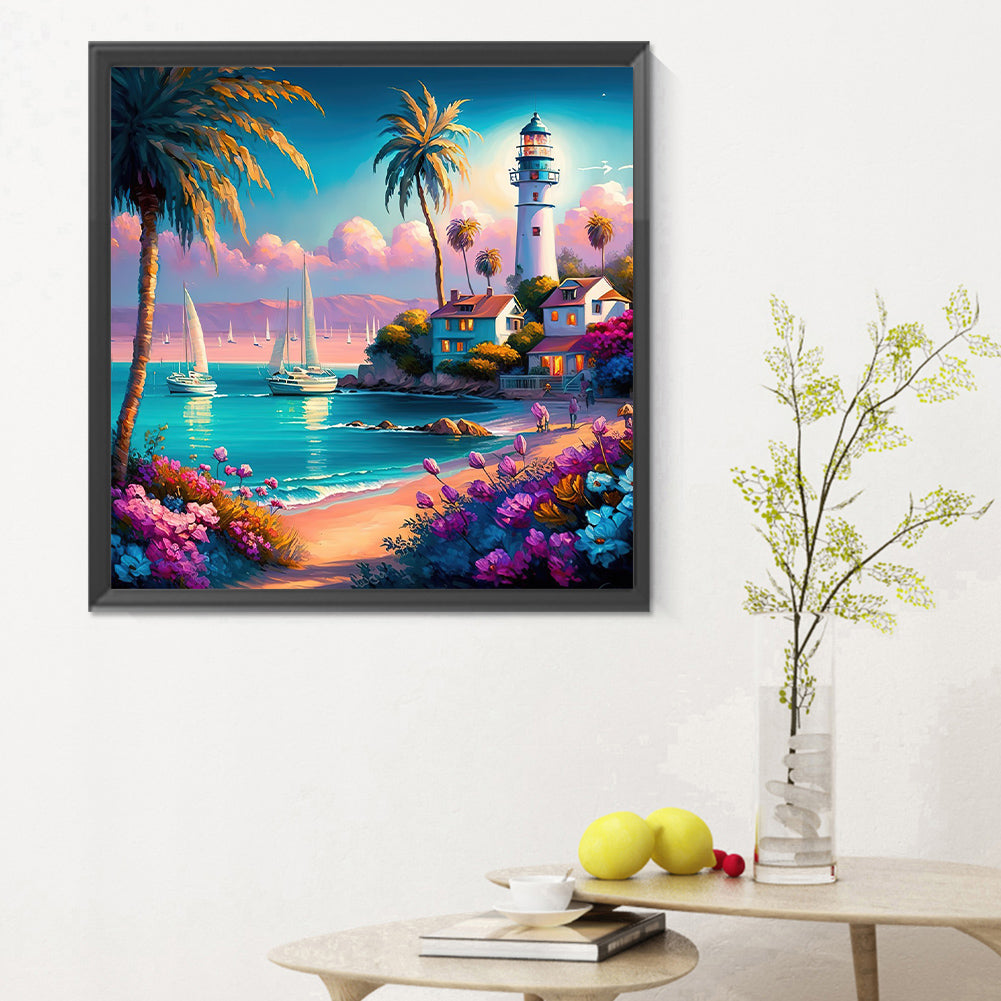 Beach Lighthouse - Full Round Drill Diamond Painting 30*30CM