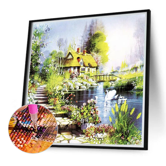 Swan Lake Cottage - Full Round Drill Diamond Painting 40*40CM