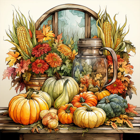 Pumpkin Corn Flowers - 11CT Stamped Cross Stitch 50*50CM