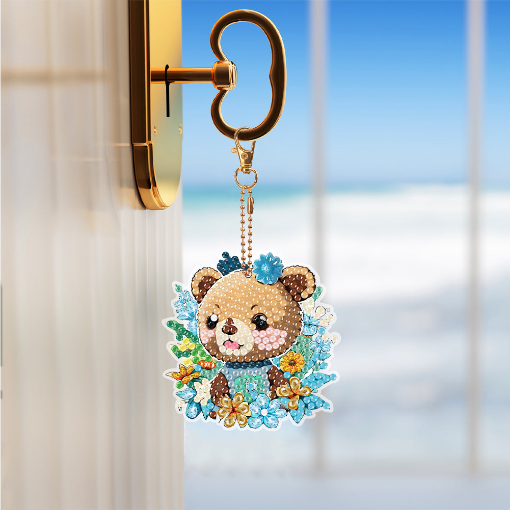 6PCS Double Sided Round Diamond Painting Art Keychain Pendant(Nature and Animal)