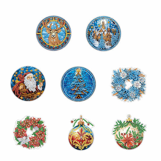 8 PCS Acrylic Single-Sided DIY Diamond Painting Hanging Pendant (Wreath Elk)