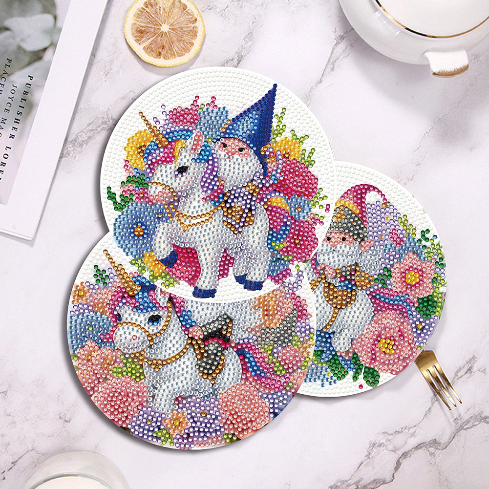 4 PCS Acrylic Diamond Painted Placemats Tableware Mat with Holder(Unicorn Gnome)