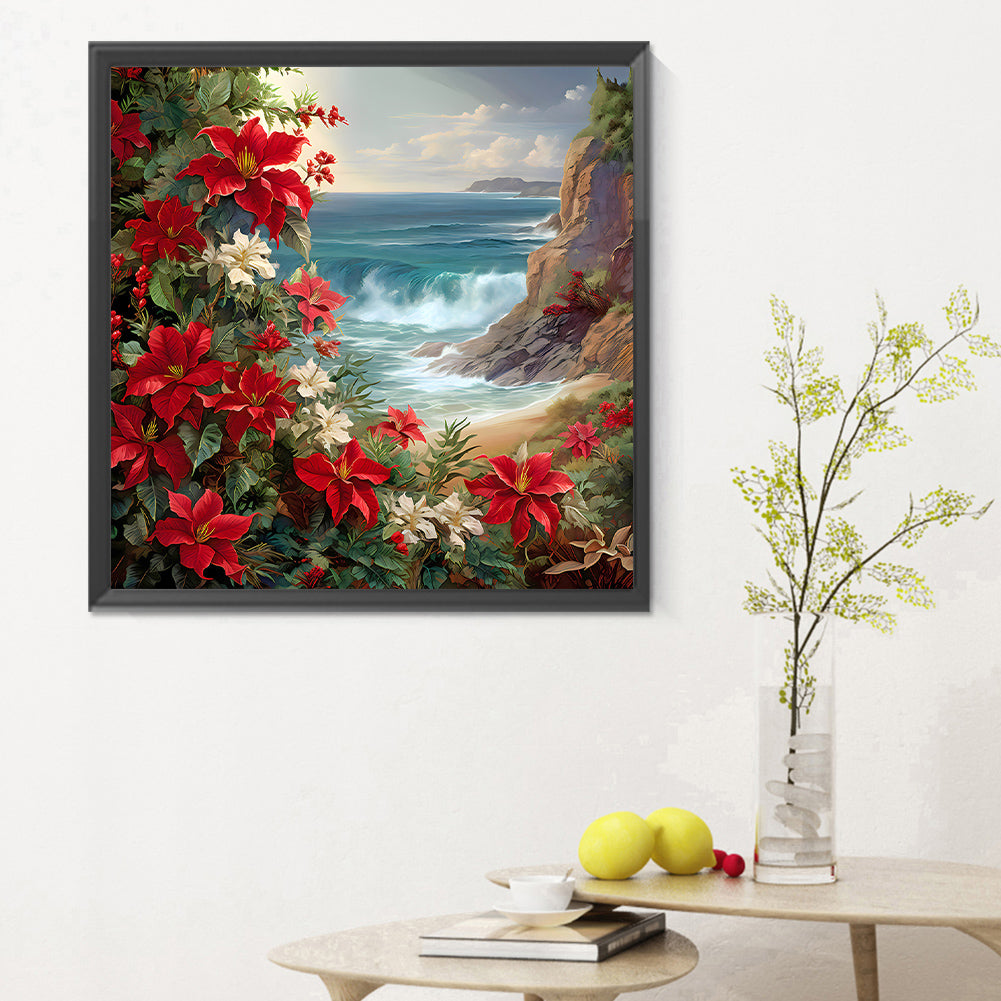 Red Flower Waves - Full Round Drill Diamond Painting 30*30CM