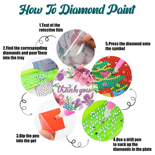 8 PCS Acrylic DIY Diamond Painting Art Coaster Kit with Holder (Love and Thanks)