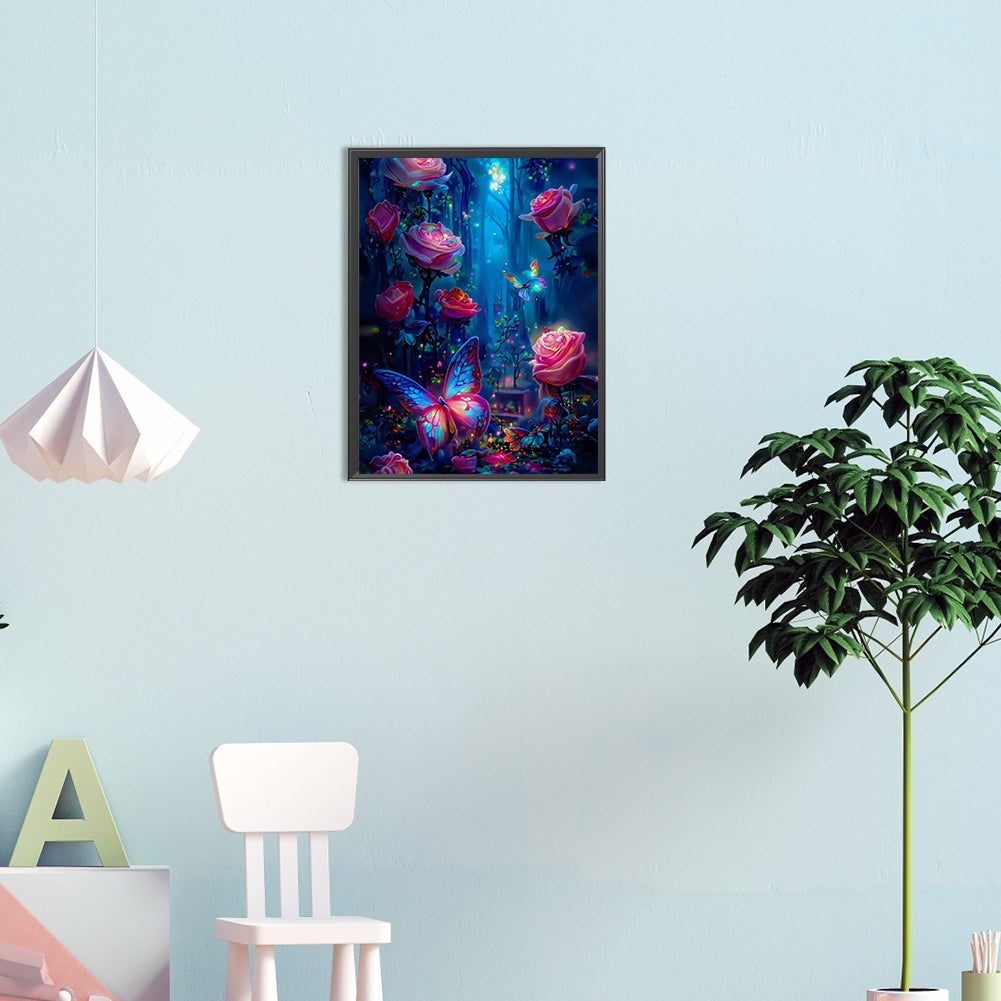 Luminous Rose Forest With Butterflies - Full Round Drill Diamond Painting 35*45CM