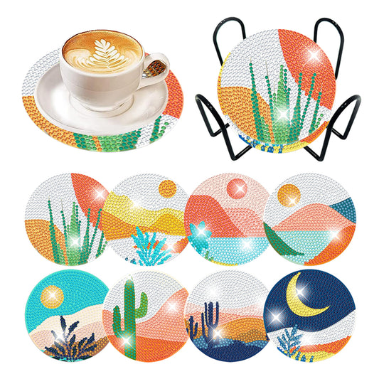 8 PCS Wooden Diamond Painting Art Coasters Kits with Holder (Colourful Desert)