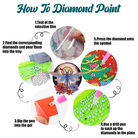 4 PCS Wooden Diamond Painted Placemats Round Placemat with Holder (Dragonfly)