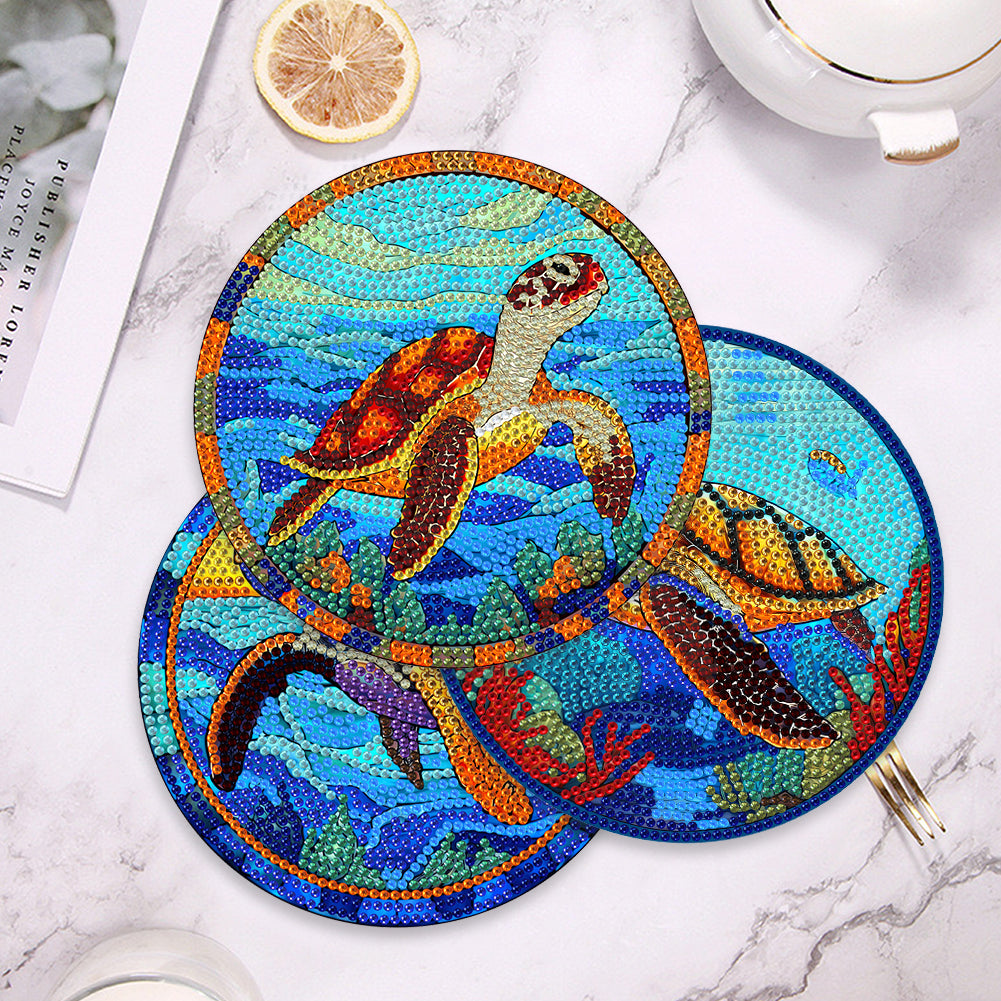 4 PCS Wooden Diamond Painted Placemats Round Placemat with Holder (Sea Turtle)