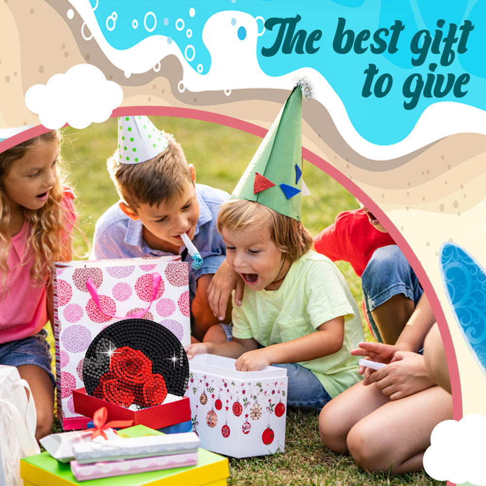 8 Pcs Acrylic Red Rose Diamond Painting Crafts Coaster with Holder for Beginners