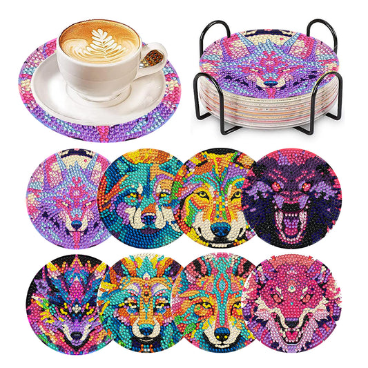 8 Pcs Wooden DIY Diamond Painting Art Crafts Coaster Kit with Holder (Wolf)