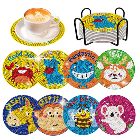 8 Pcs Wooden Diamond Painting Coasters Kits with Holder for Beginners (Animal)