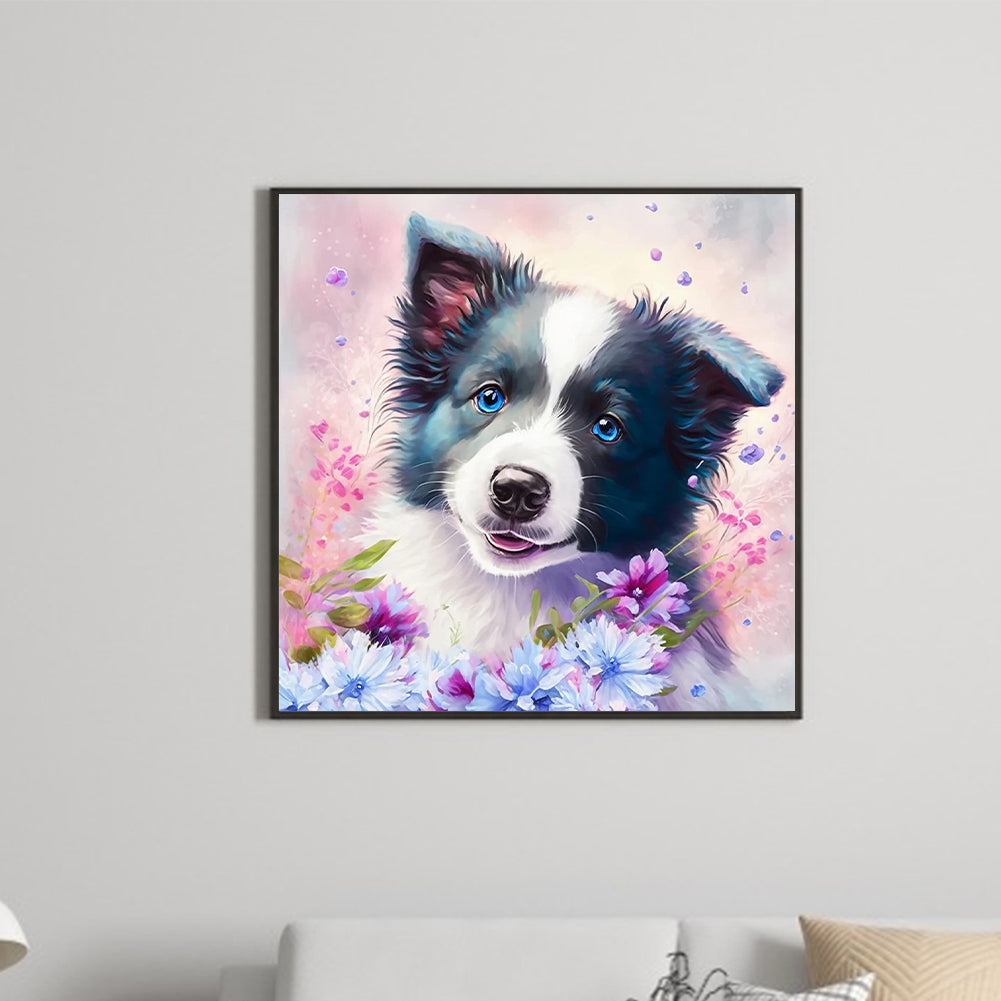 Flowers And Shepherd Dog - Full Round Drill Diamond Painting 30*30CM