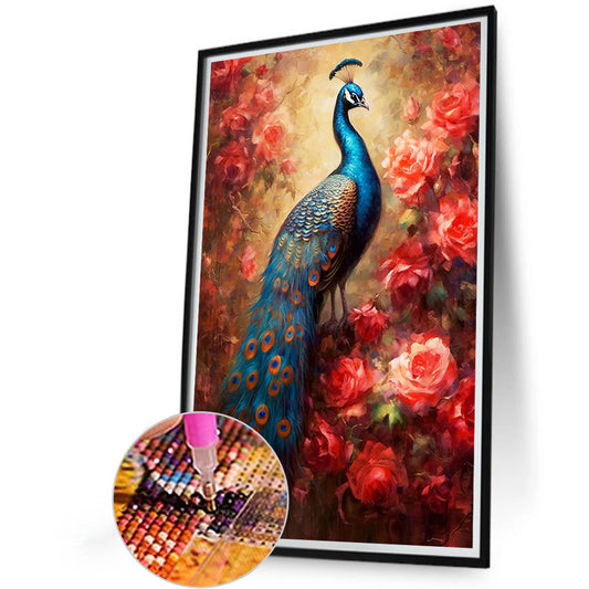 Peacock And Red Flower - Full Round Drill Diamond Painting 40*60CM