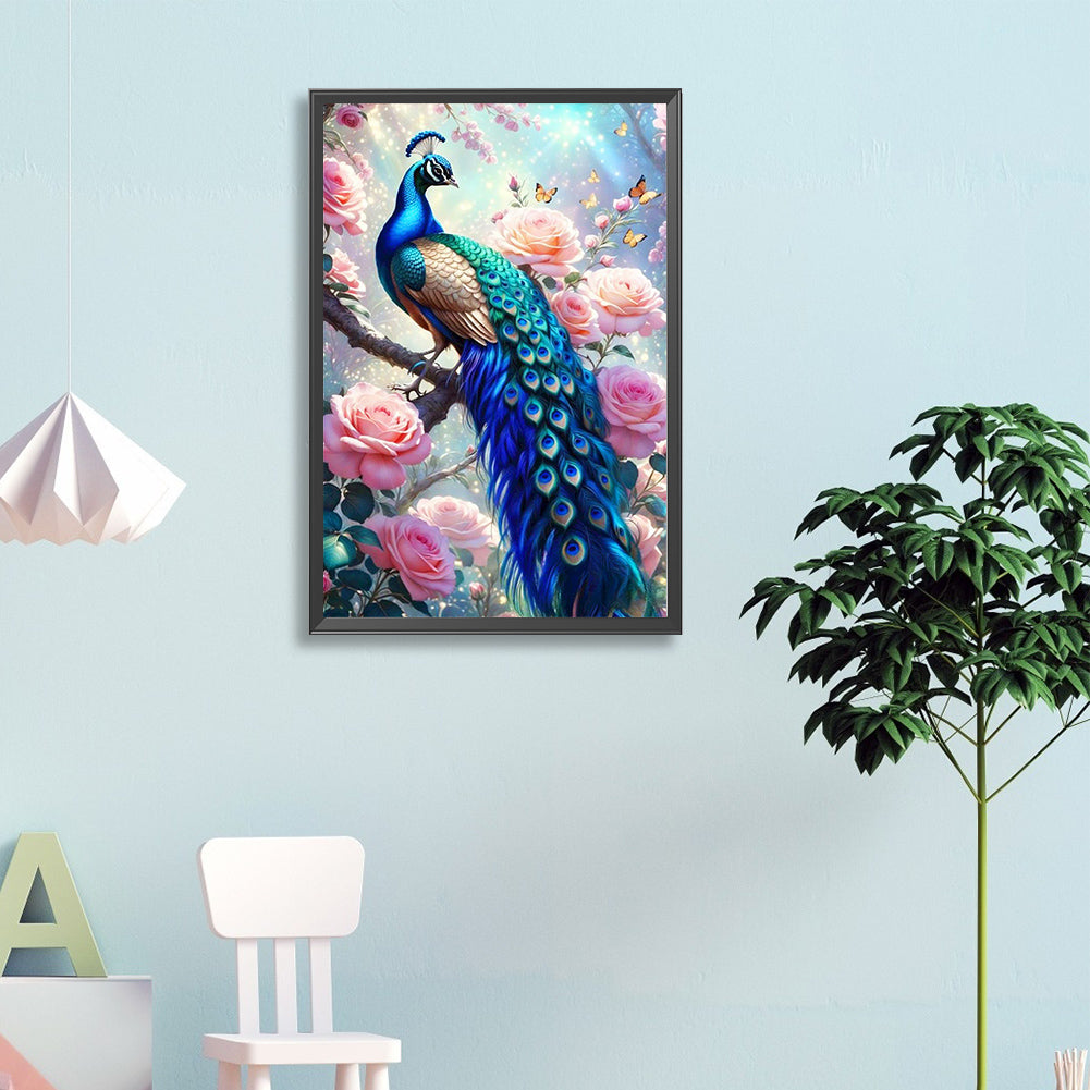 Peacock With Pink Flowers - Full Round Drill Diamond Painting 40*60CM