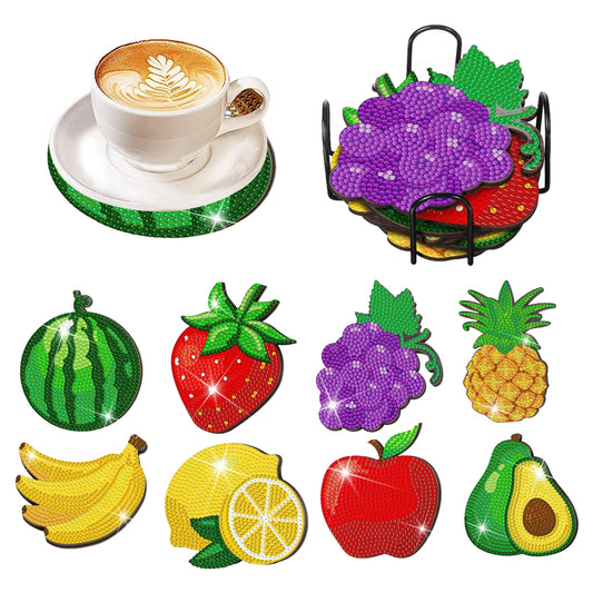 8 Pcs Acrylic Diamond Painting Coasters Kits with Holder for Beginner (Fruit)