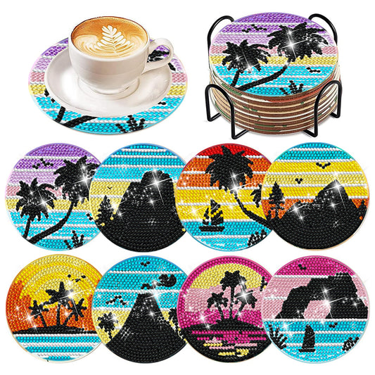 8 Pcs Acrylic Diamond Painting Coasters with Holder Cork Pads (Summer Beach)