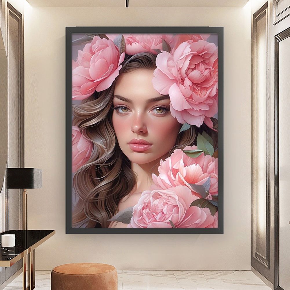 Pink Peony And Woman - 11CT Stamped Cross Stitch 50*65CM