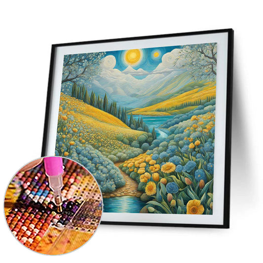 Path In Flower Field - Full Round Drill Diamond Painting 30*30CM