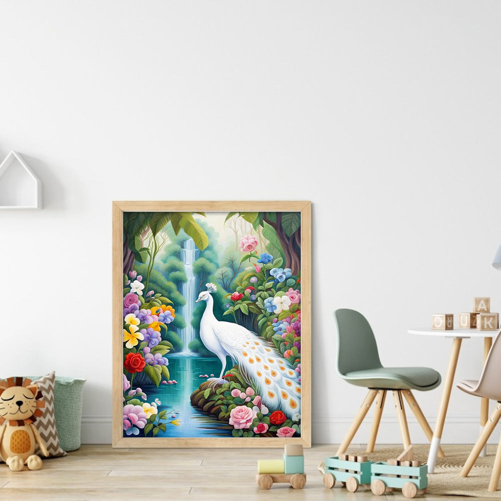 White Peacock By Forest Lake - Full Round Drill Diamond Painting 30*40CM