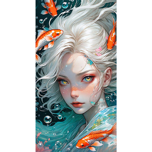 White-Haired Girl And Goldfish Underwater - Full AB Round Drill Diamond Painting 40*75CM