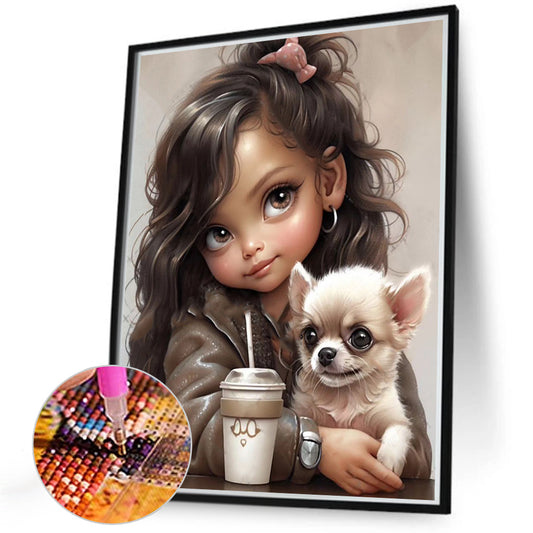 Girl Drinking Coffee With Puppy - Full Round Drill Diamond Painting 40*50CM