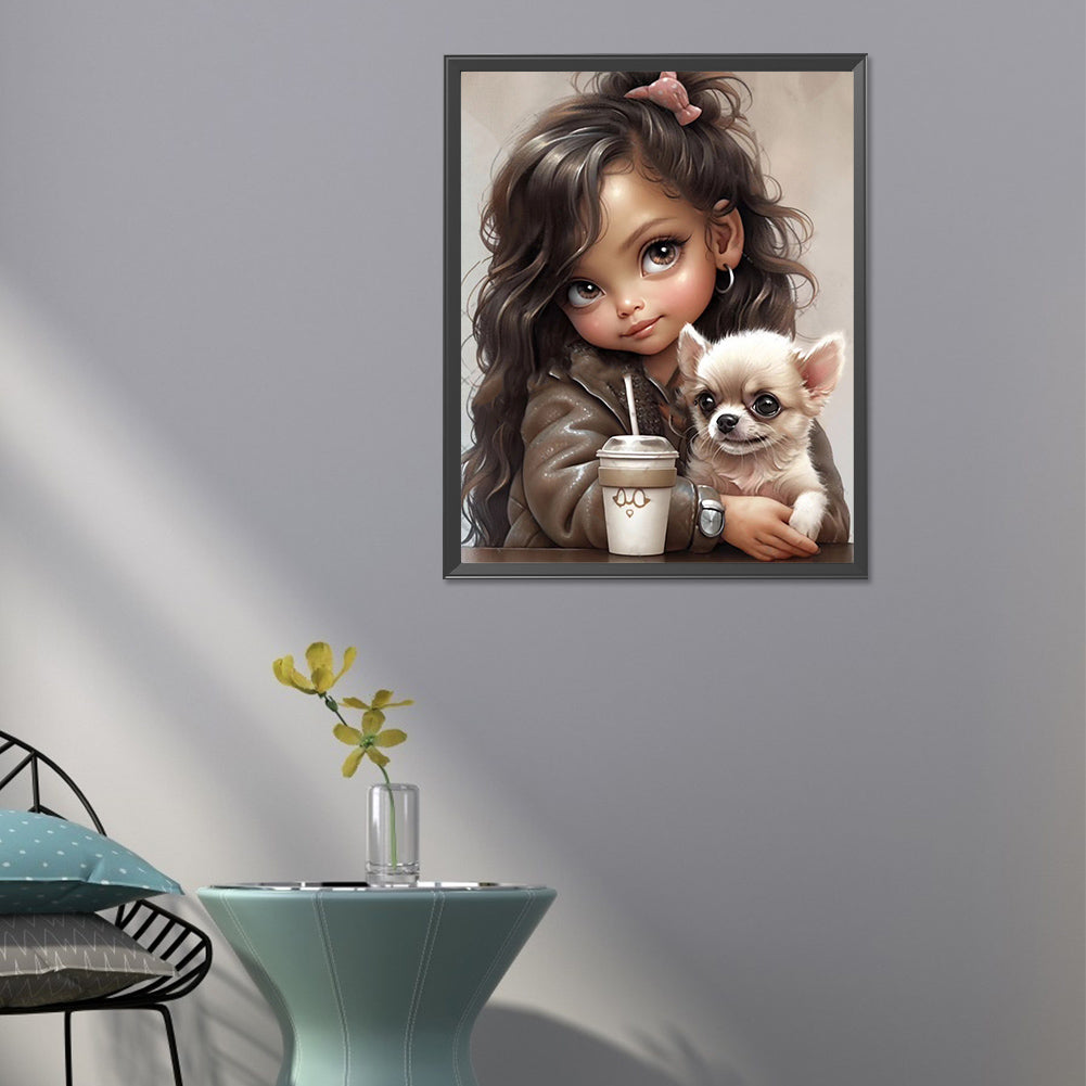Girl Drinking Coffee With Puppy - Full Round Drill Diamond Painting 40*50CM