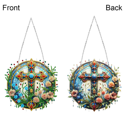Sun Catcher 5D DIY Diamond Painting Dots Pendant for Office Decor (Flower Cross)