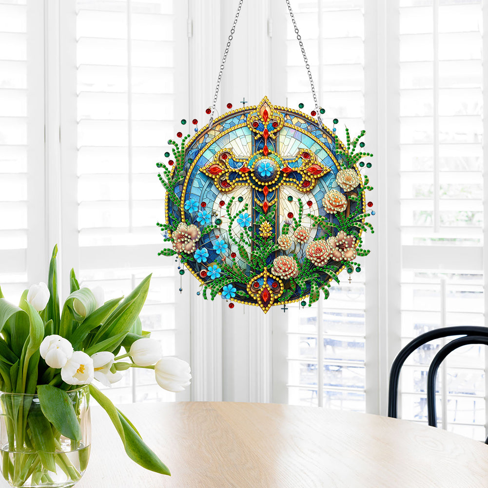 Sun Catcher 5D DIY Diamond Painting Dots Pendant for Office Decor (Flower Cross)
