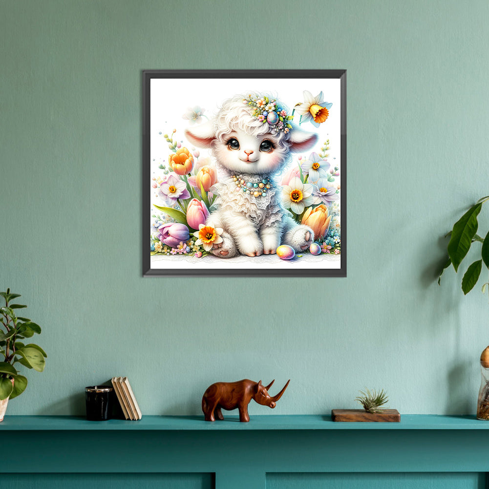 Little Lamb Among Flowers - Full Round Drill Diamond Painting 30*30CM