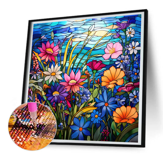Glass Painting Colorful Flowers - Full Round Drill Diamond Painting 30*30CM
