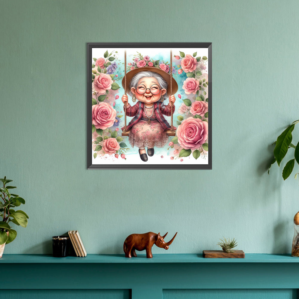 Happy Old Lady On Swing - Full Round Drill Diamond Painting 30*30CM