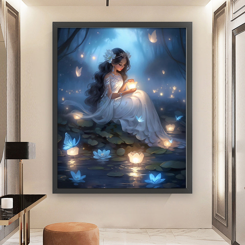 Girl Putting Lantern By Lake - 11CT Stamped Cross Stitch 50*60CM
