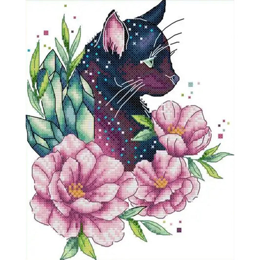 Chocolate Cat Among Flowers - 14CT Stamped Cross Stitch 21*27CM(Joy Sunday)