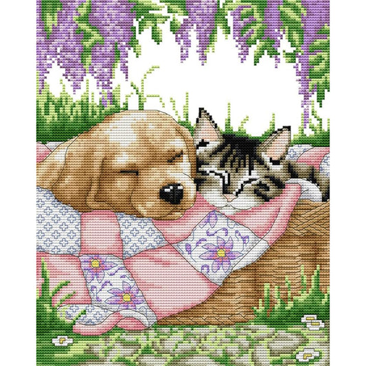 Sleeping Cat And Dog - 14CT Stamped Cross Stitch 28*33CM(Joy Sunday)
