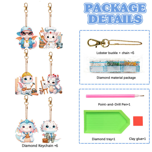 6 Pcs Double Side Speicial Shape Dragon Diamond Painting Keychain for Home Decor