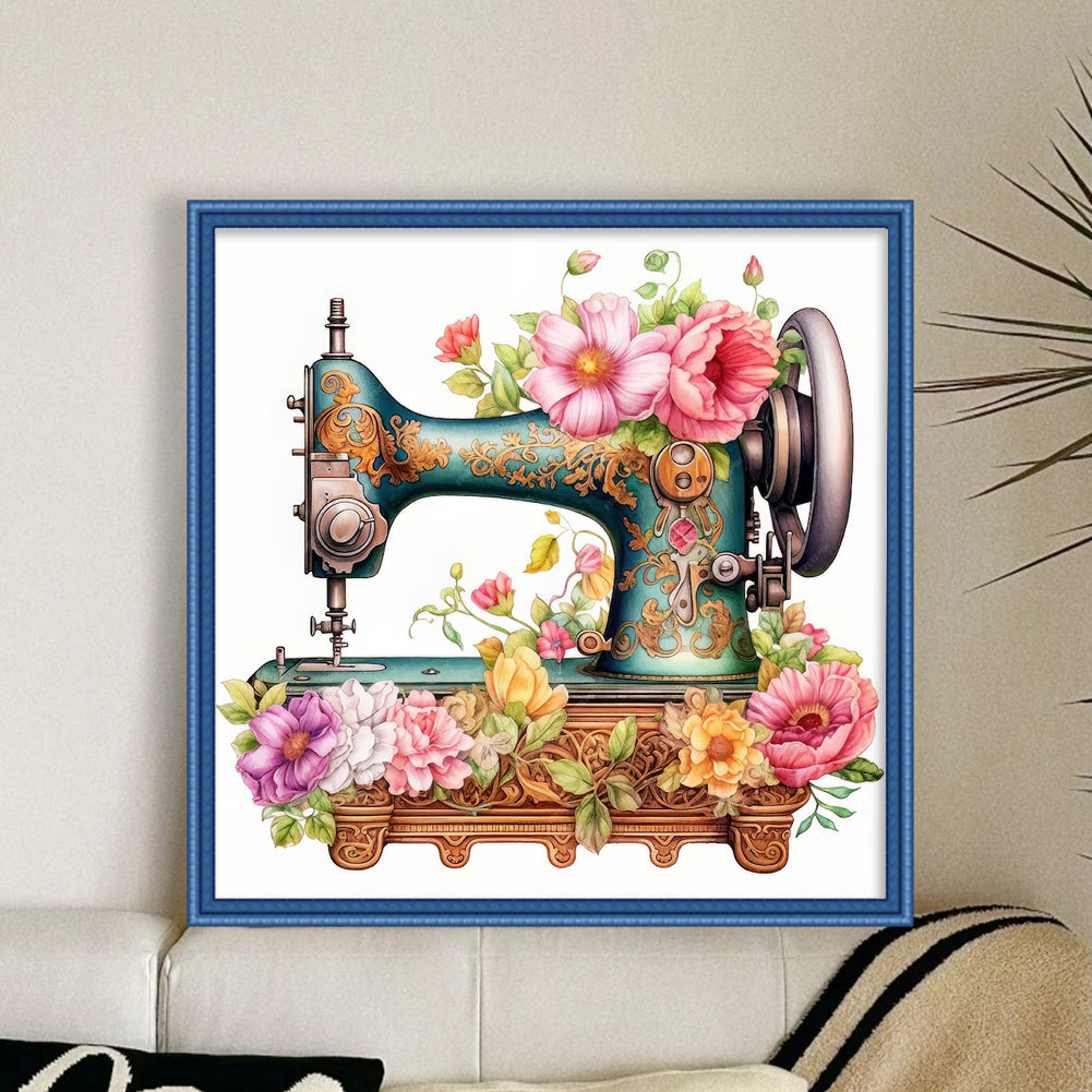 Retro Flower Sewing Machine - 14CT Stamped Cross Stitch 40*40CM